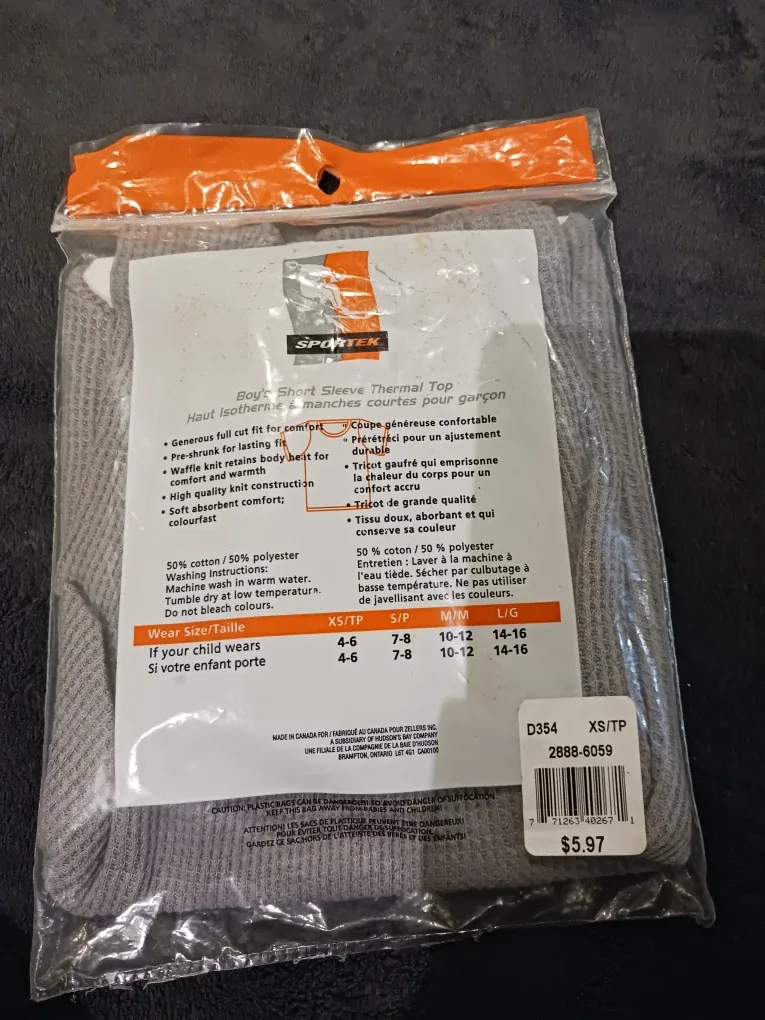 New Sportek Boy's Thermal Top - Size XS #Cleanout