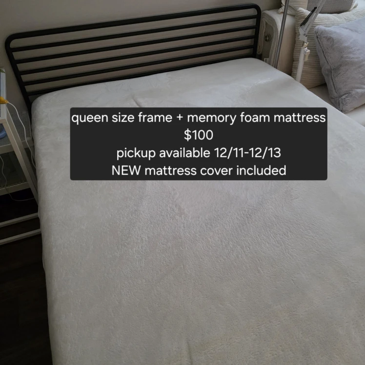 Queen Size Frame + Memory Foam Mattress - NEW Cover!