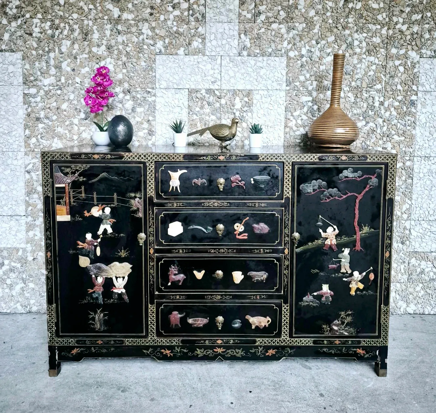 Antique Semi-Precious Gem Stone Hand Painted Dresser