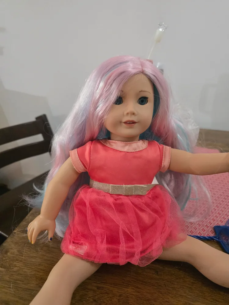 American Girl Doll with Pink Dress & Colorful Hair