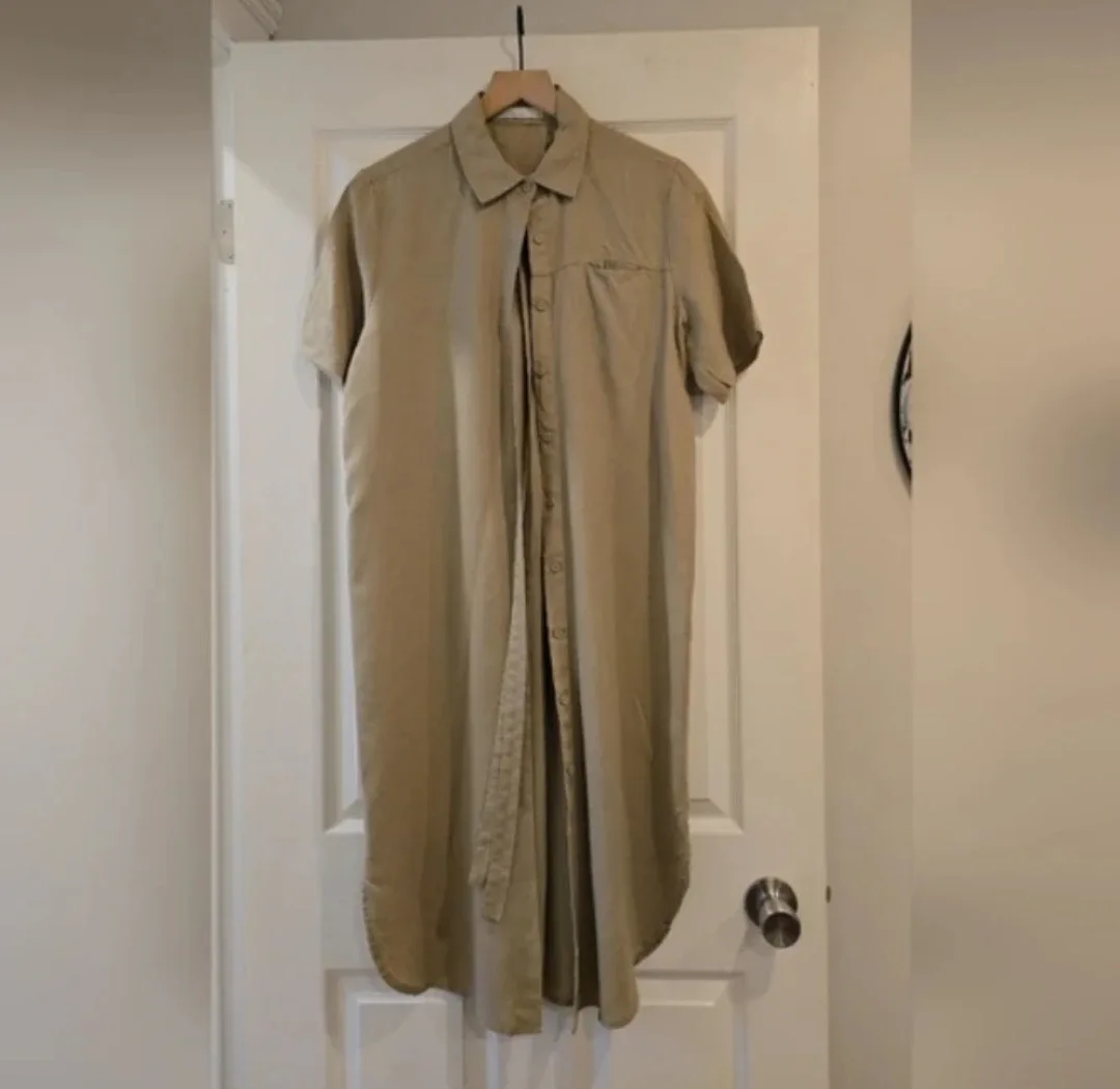Oak + Fort Midi Linen Tan Shirt Dress - Small