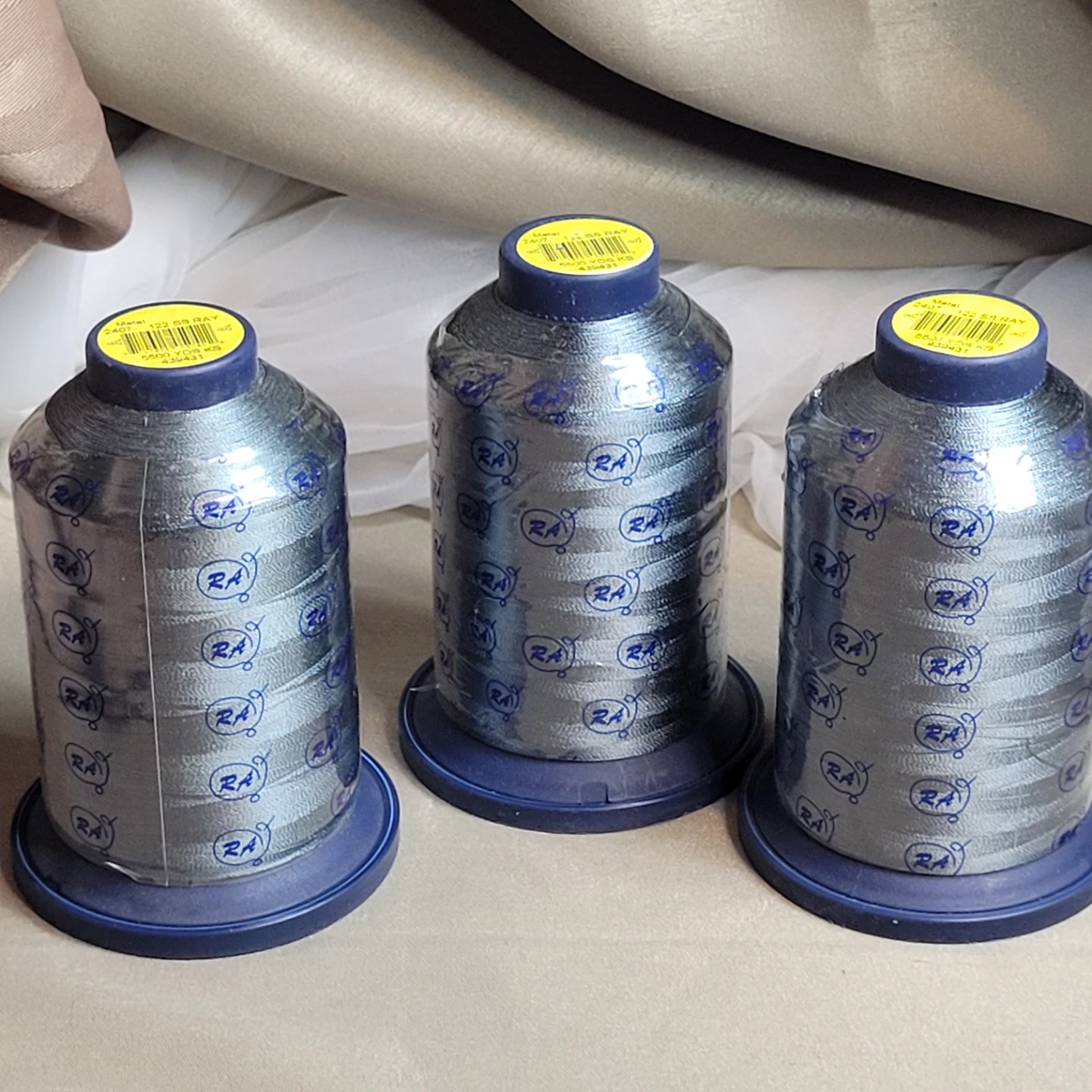 RA  Rayon Embroidery Thread 5500 Yards each  Grey  3 SPOOLS