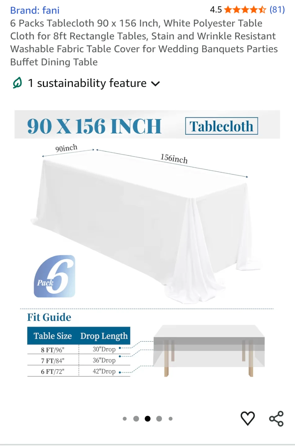 6 pack White Polyester Tablecloth 90 x 156 Inch