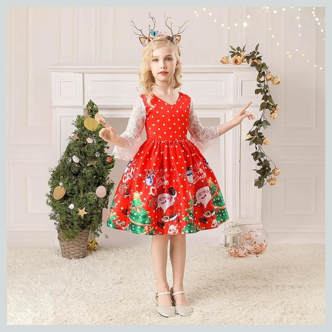 Girl's Christmas Dress with Santa Print