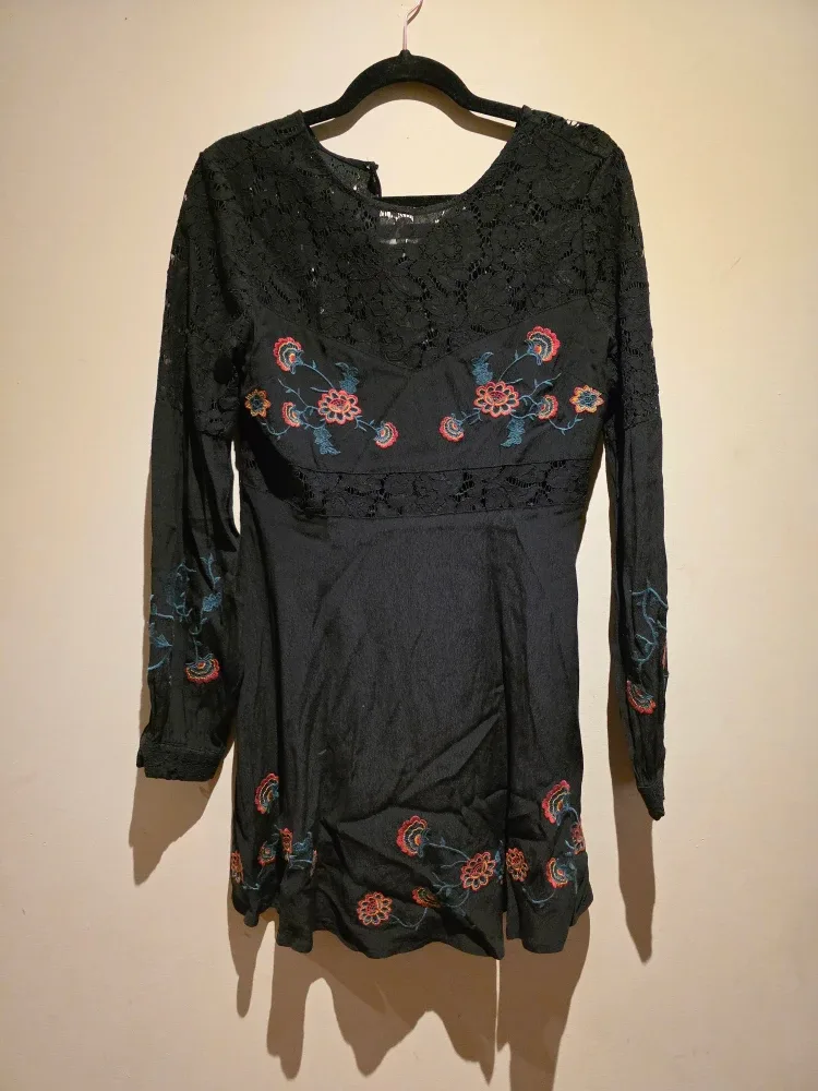 Forever 21People Black Floral Embroidered Dress