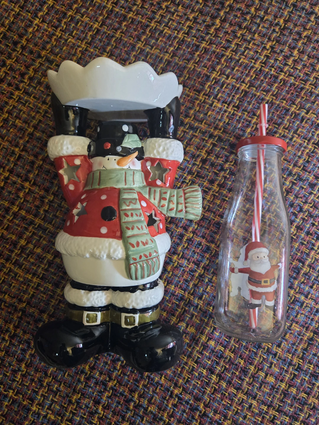 Snowman Candle Holder/ Cookie Platter & Santa Milk Jar