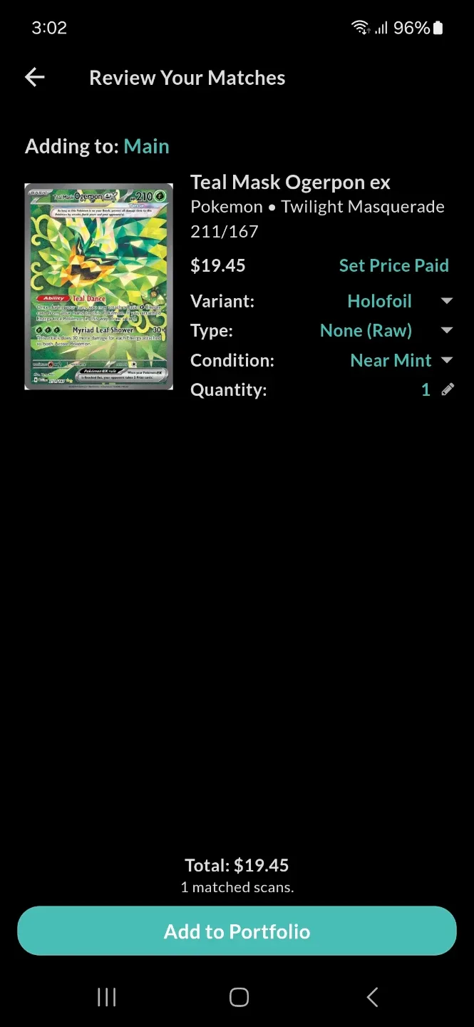 Teal Mask Ogerpon ex Holofoil Pokemon Card asking for $20 or obo