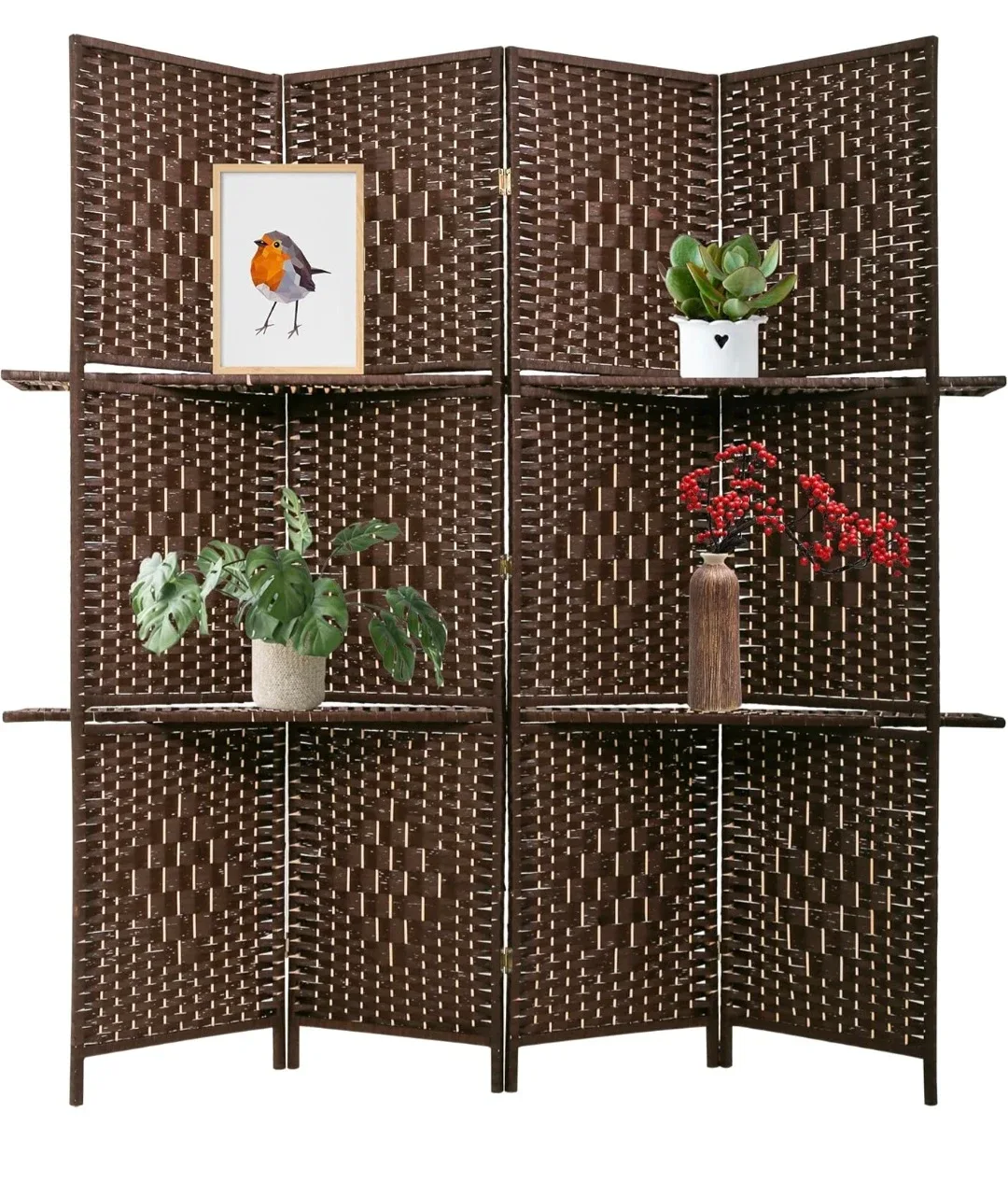 Brown Woven Room Divider with Shelves, 4 Panel