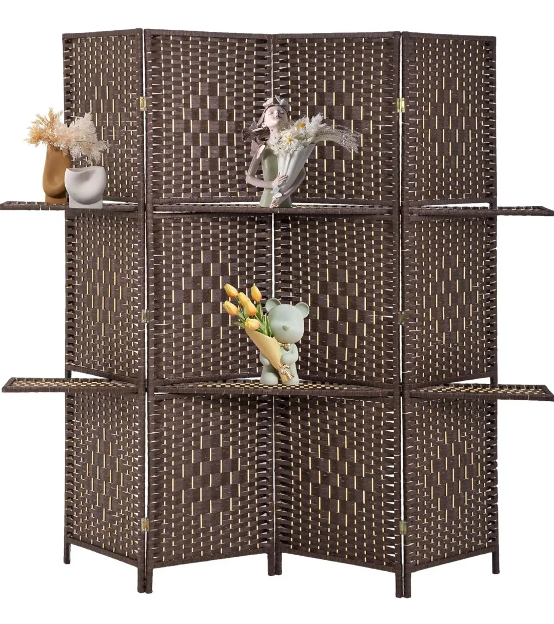 Brown Woven Room Divider with Shelves, 4 Panel image indicator(2)