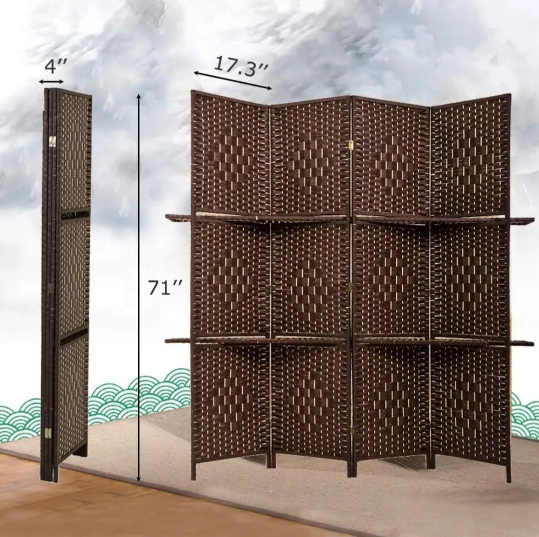 Brown Woven Room Divider with Shelves, 4 Panel image indicator(3)