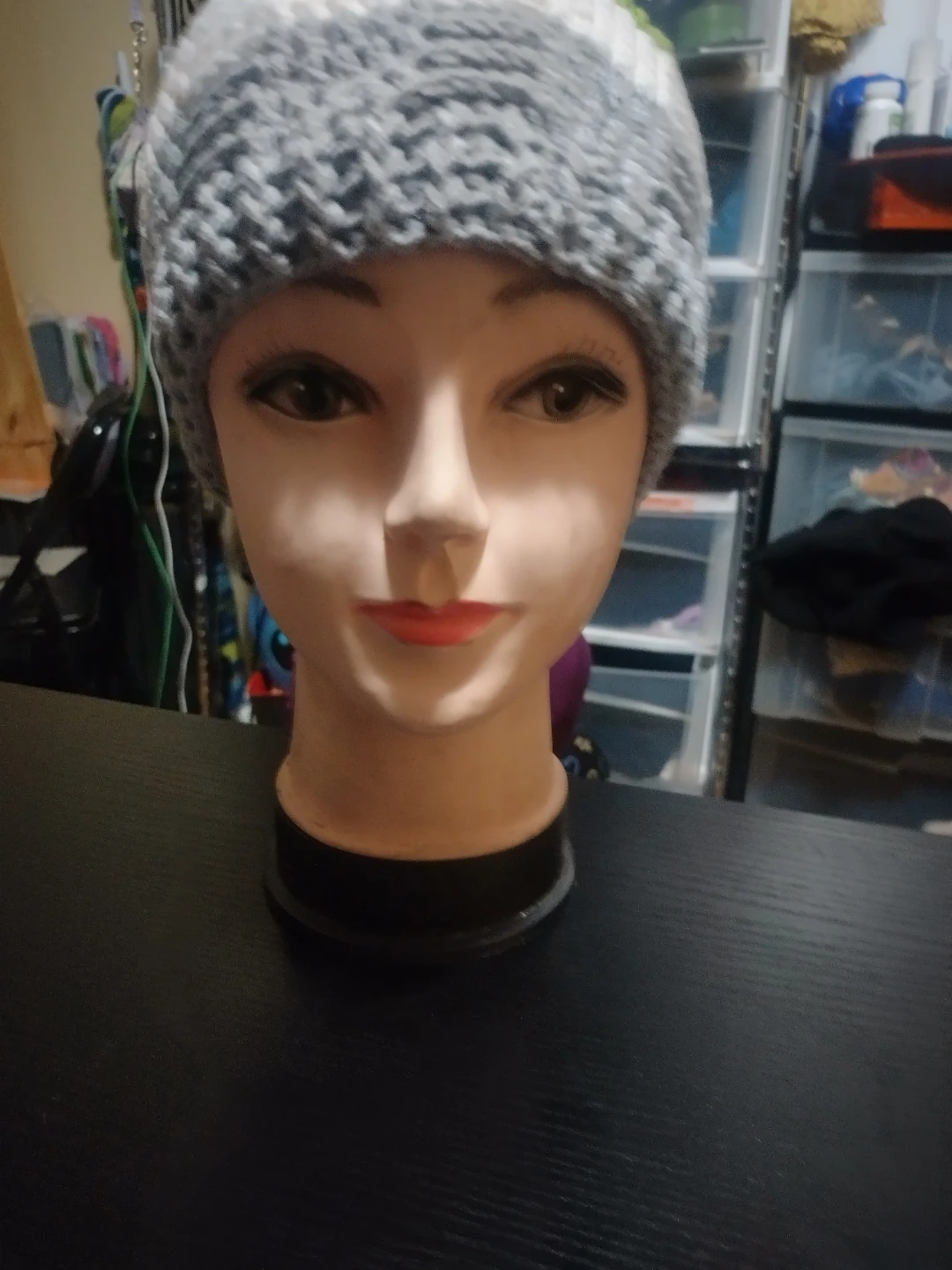 Handmade Knit Beanie - Gray, White, Green - photo 2
