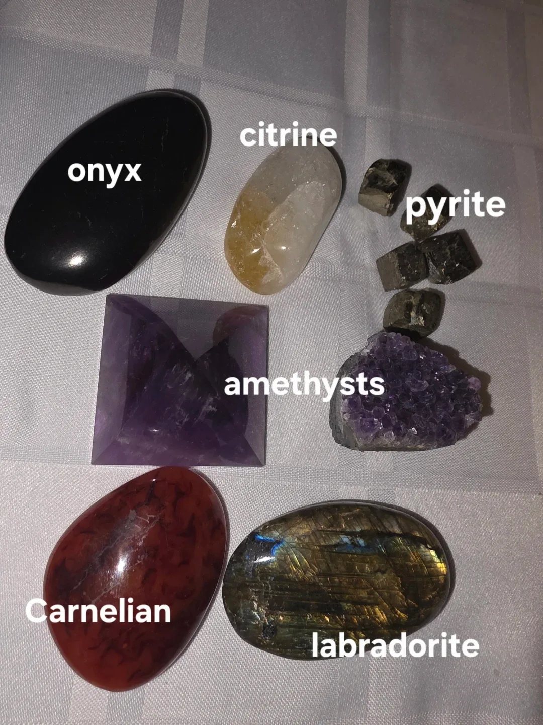 Onyx, Citrine, Pyrite, Amethyst, Carnelian, Labradorite