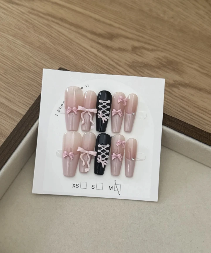Handmade Press-on Nails - Pink Bow & Black Lace