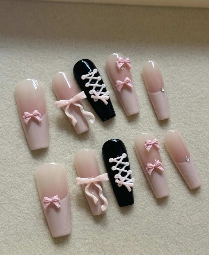 Handmade Press-on Nails - Pink Bow & Black Lace - photo 2