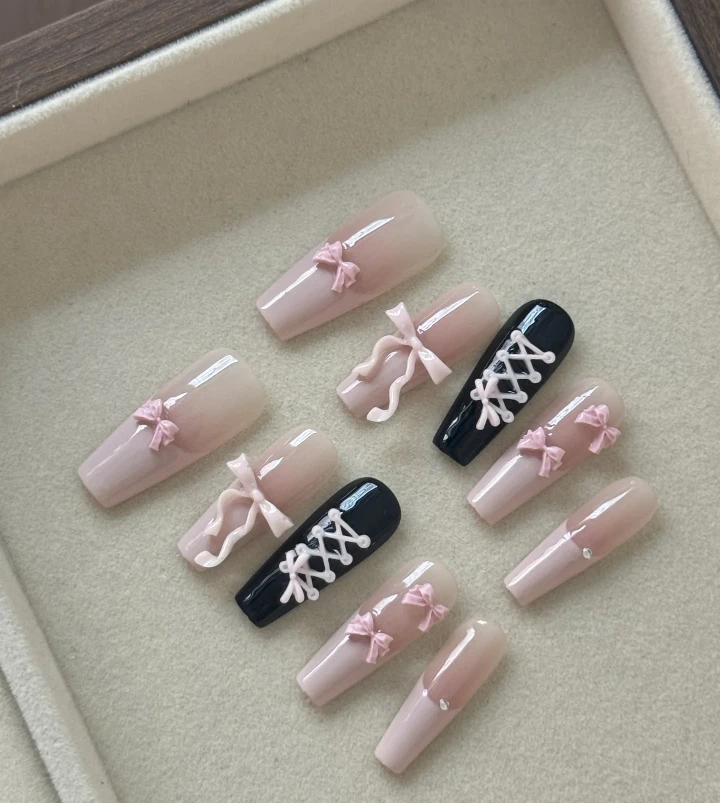 Handmade Press-on Nails - Pink Bow & Black Lace - photo 3