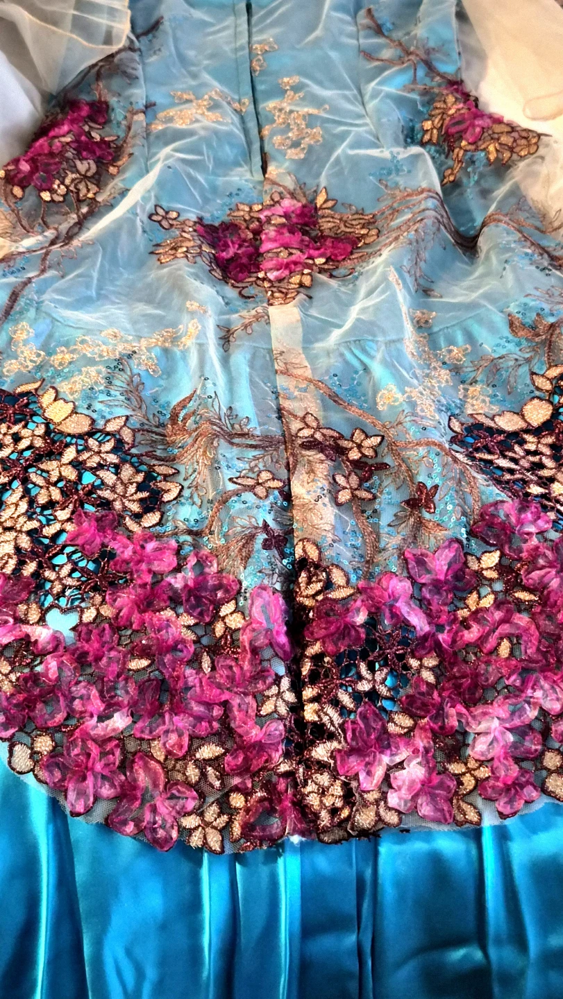 Floral Appliqué Dress - Blue & Pink