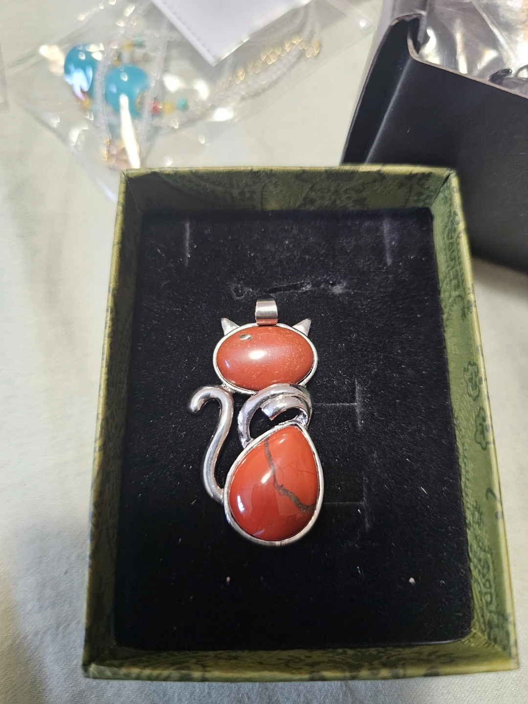 Cat Pendant - Red jasper crystsl in copper setting