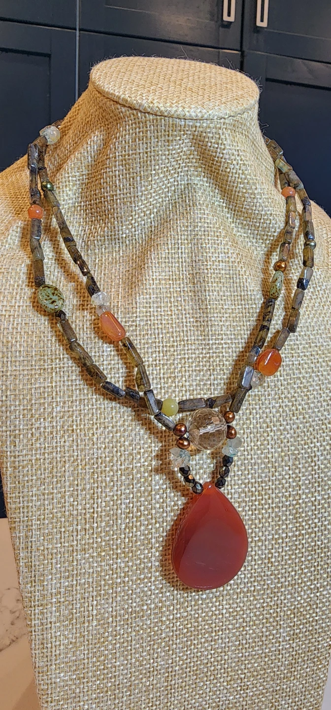 Beaded Necklace with Red Teardrop Pendant - photo 2