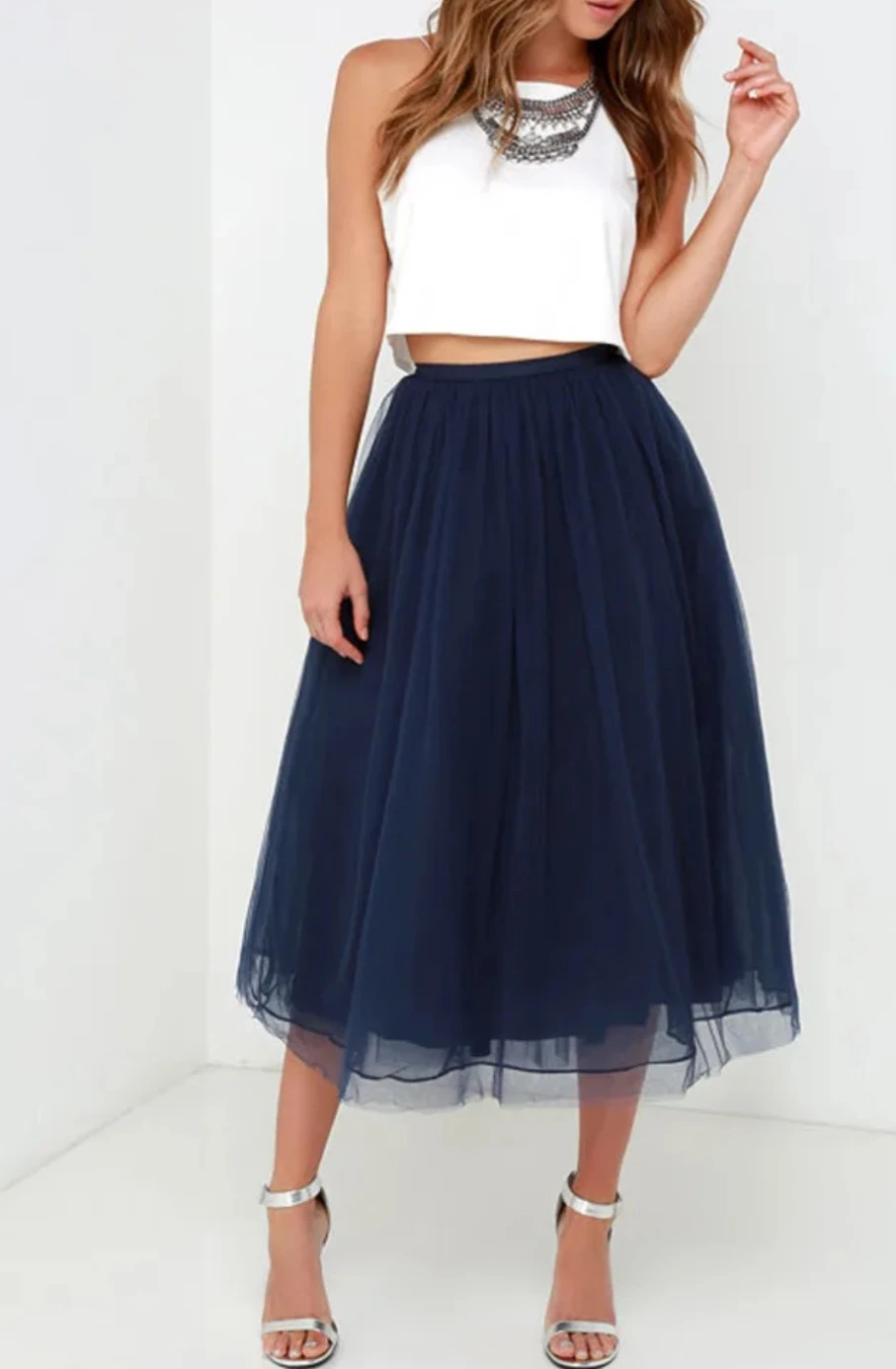 Navy Blue Tulle Midi Skirt