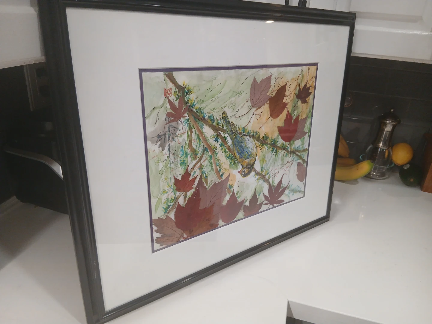 Framed Bird & Maple Leaf Watercolour Painting - photo 3