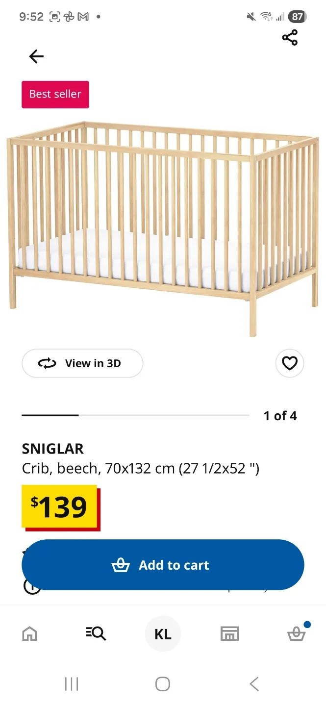 IKEA SNIGLAR Crib, Beech, 70x132 cm (27 1/2x52 ")