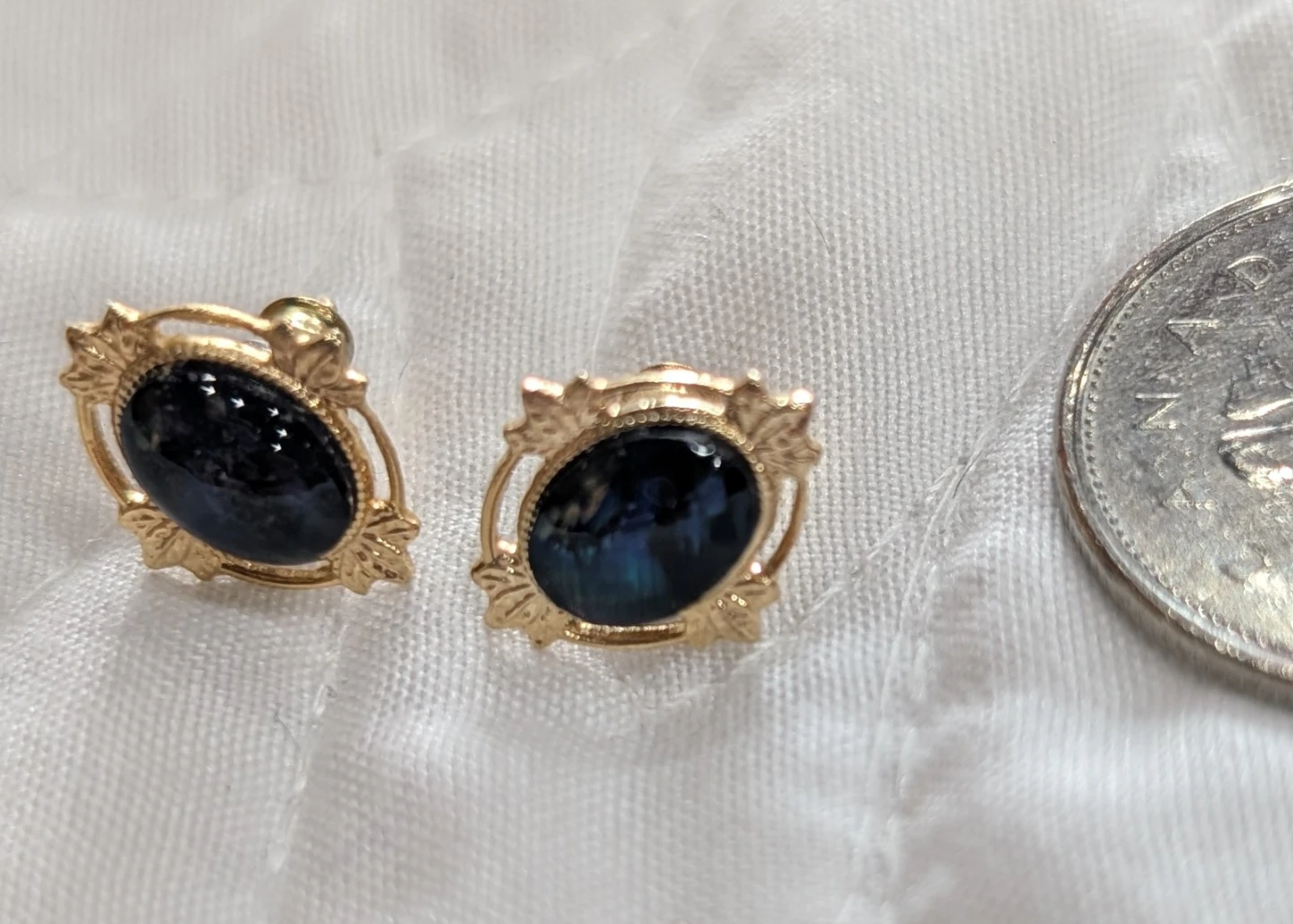 Vintage Gold Tone Earrings with Dark Stone