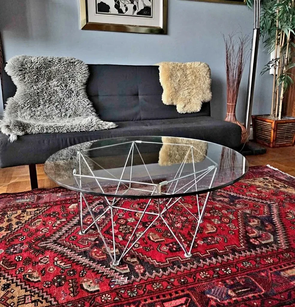 Round Glass Coffee Table With Geometric Chrome Base