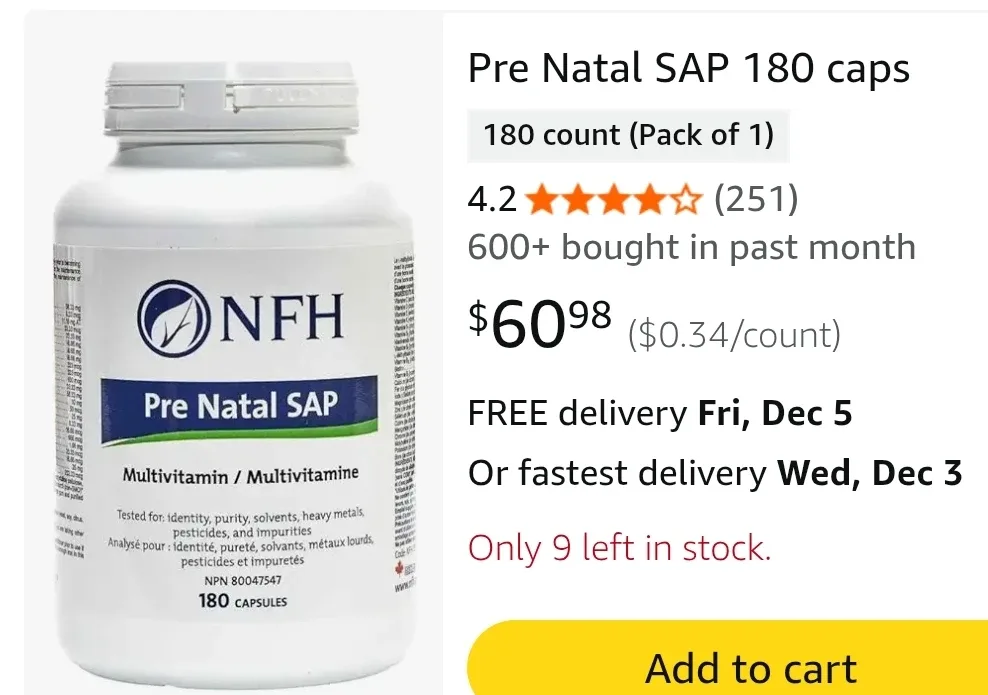 NFH Prenatal SAP 180 Capsules - Exp 2026