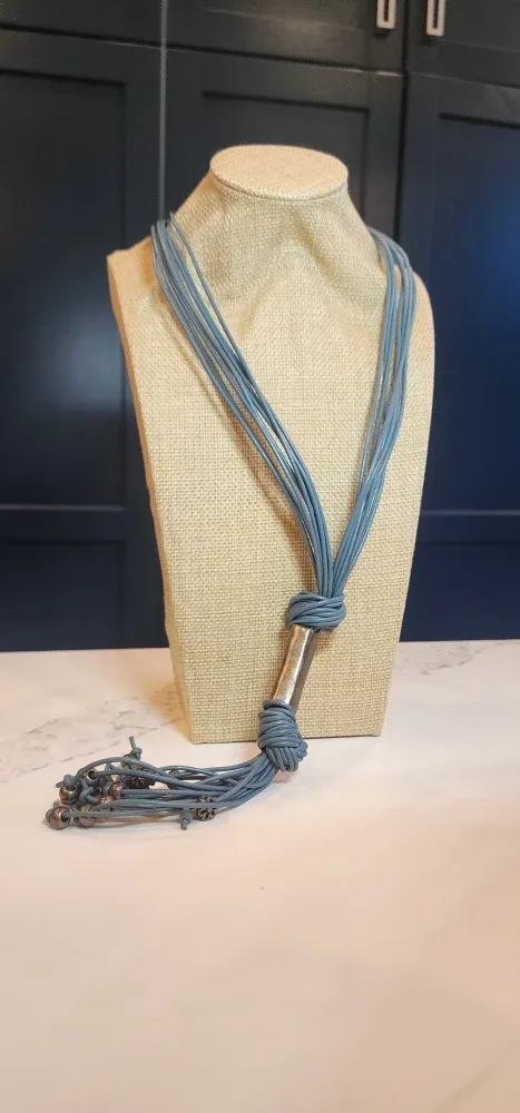 Vintage Blue Leather Tassel Necklace