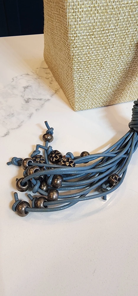 Vintage Blue Leather Tassel Necklace - photo 4