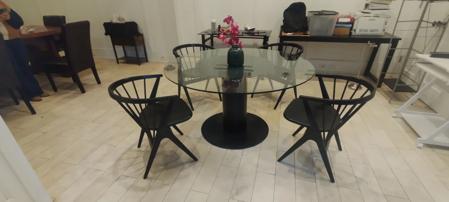 Glass Round Dining Table with 4 Black Chairs