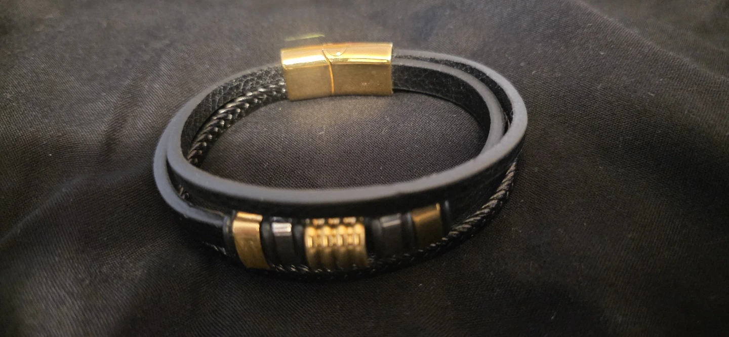 Men's Leather Bracelet - Black & Gold