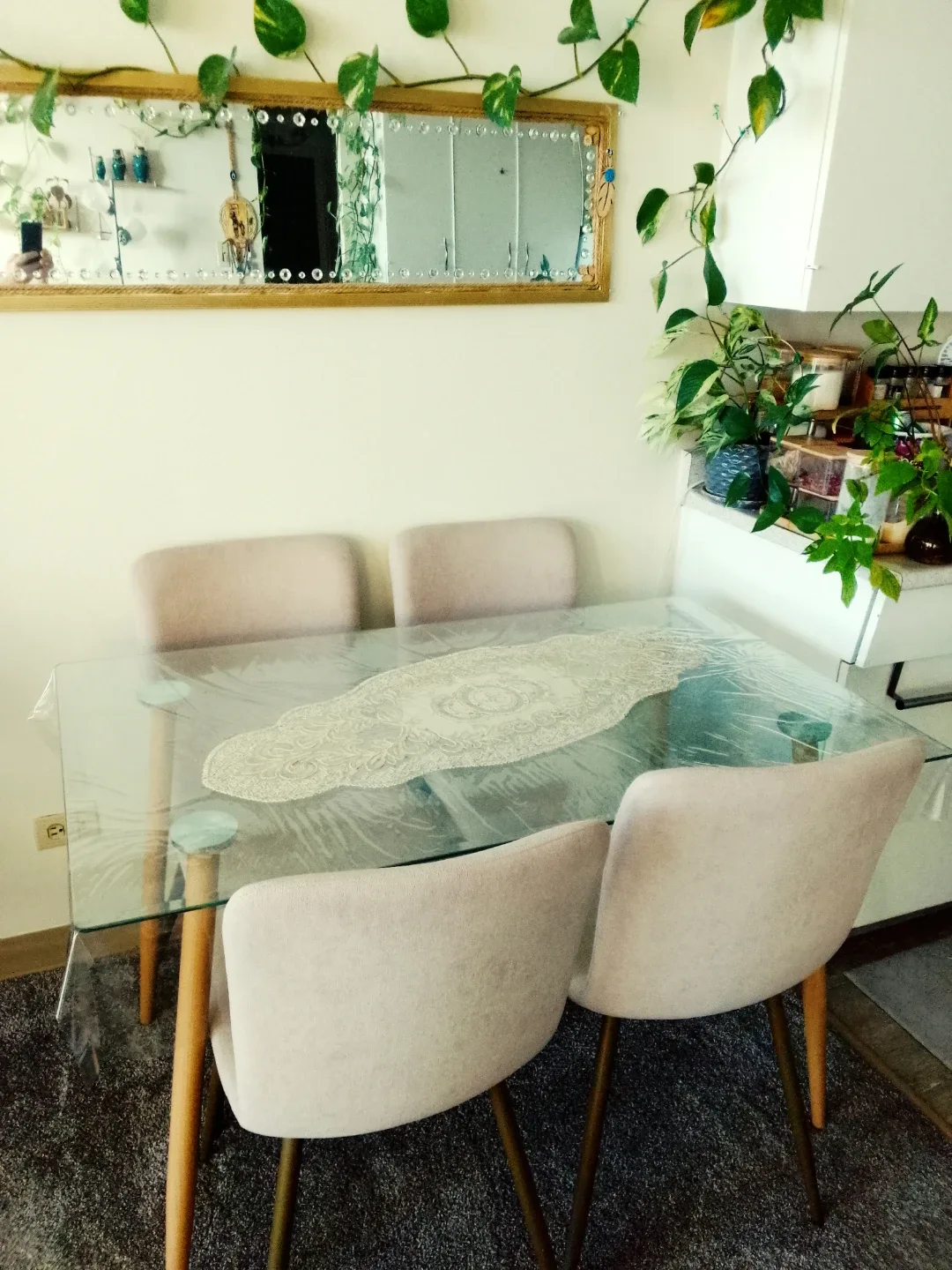 Glass Dining Table & Beige Dining Chairs - Set of 4