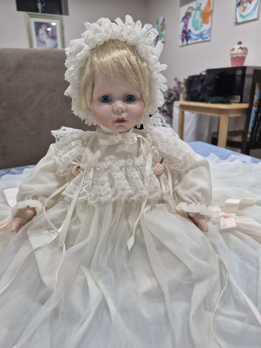 Vintage porcelain Doll in White Dress