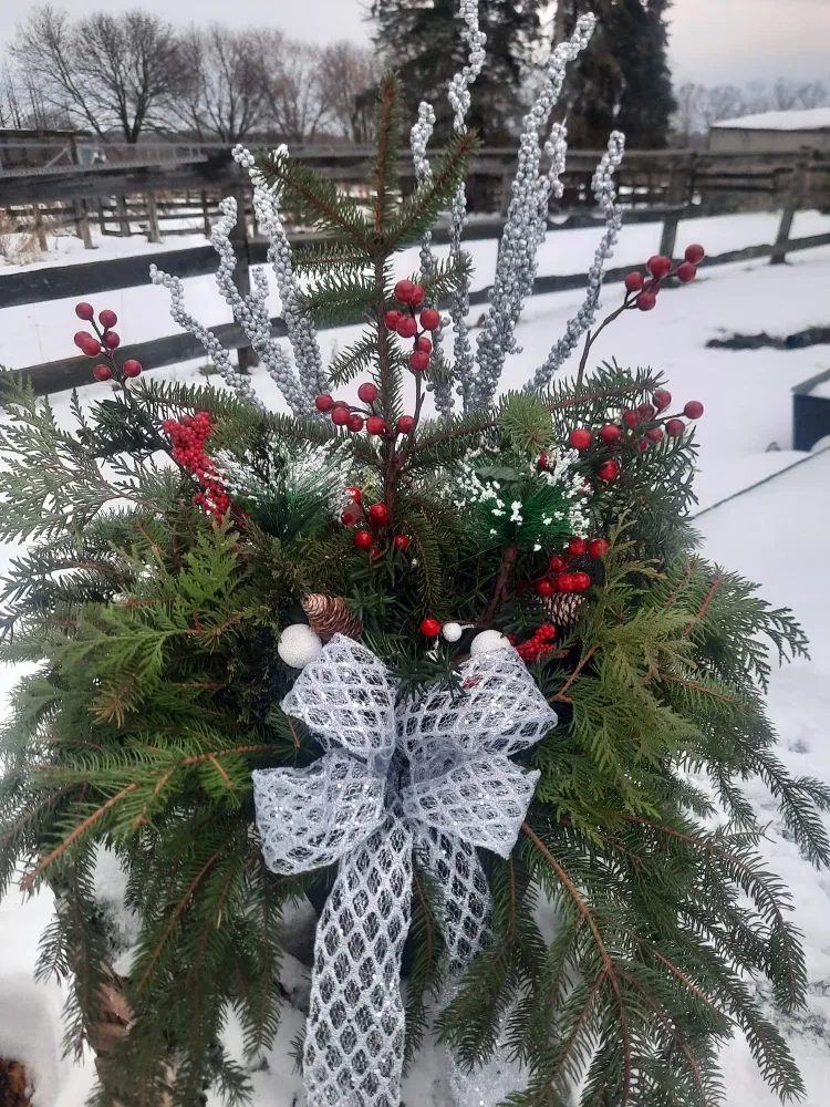 Silver Christmas holiday planter for porch decor