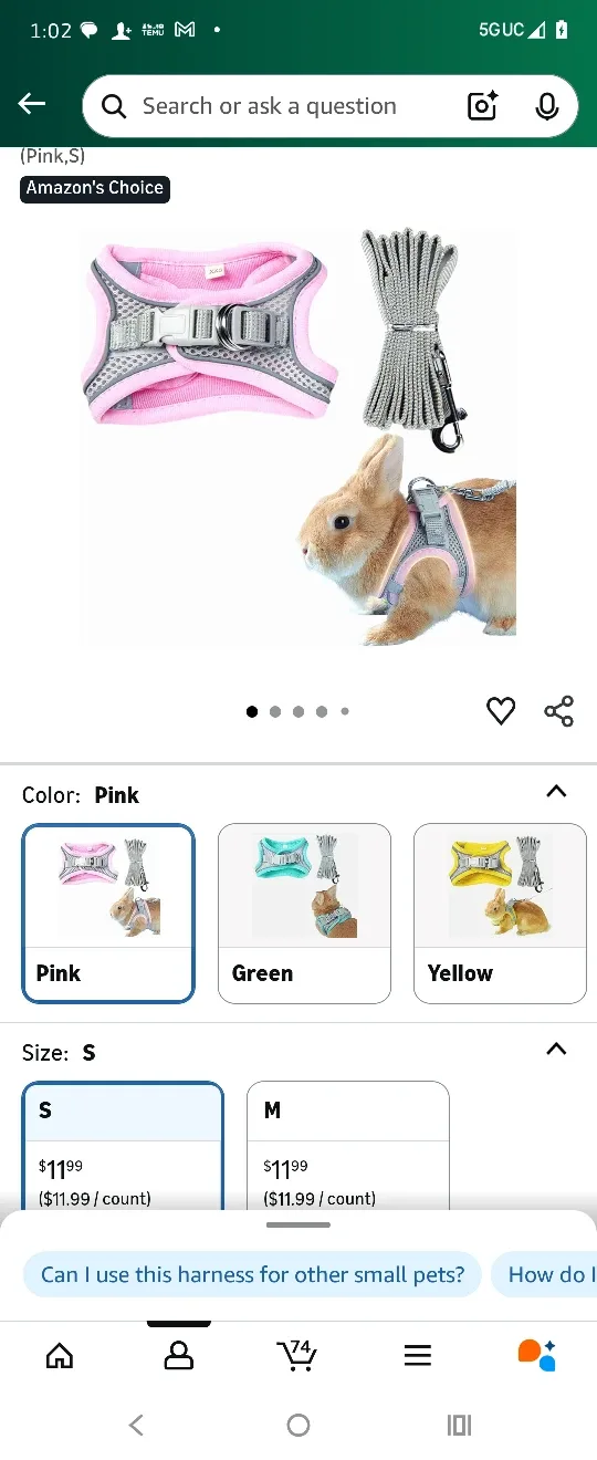 Copfeu Rabbit Harness & Leash Set - Pink (Size S) image indicator(2)