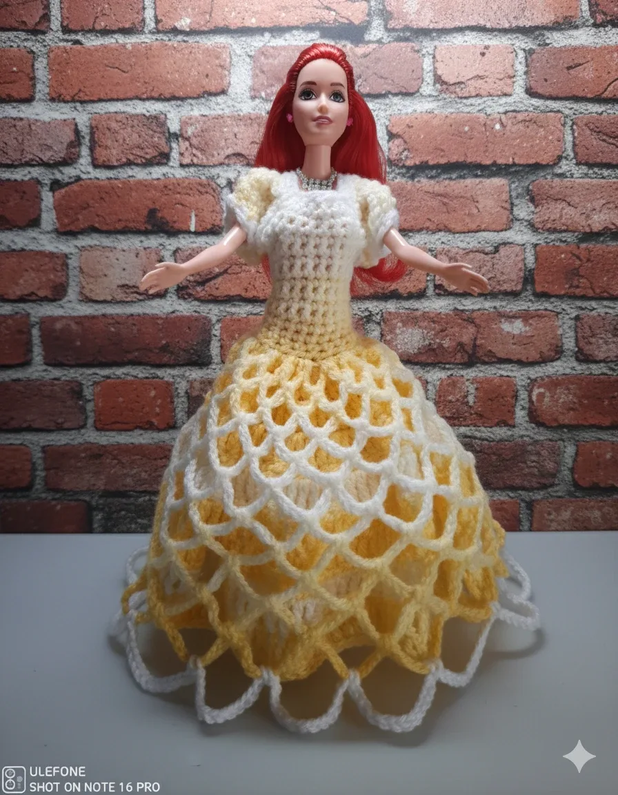 Crocheted Barbie Doll Dress - Yellow and White