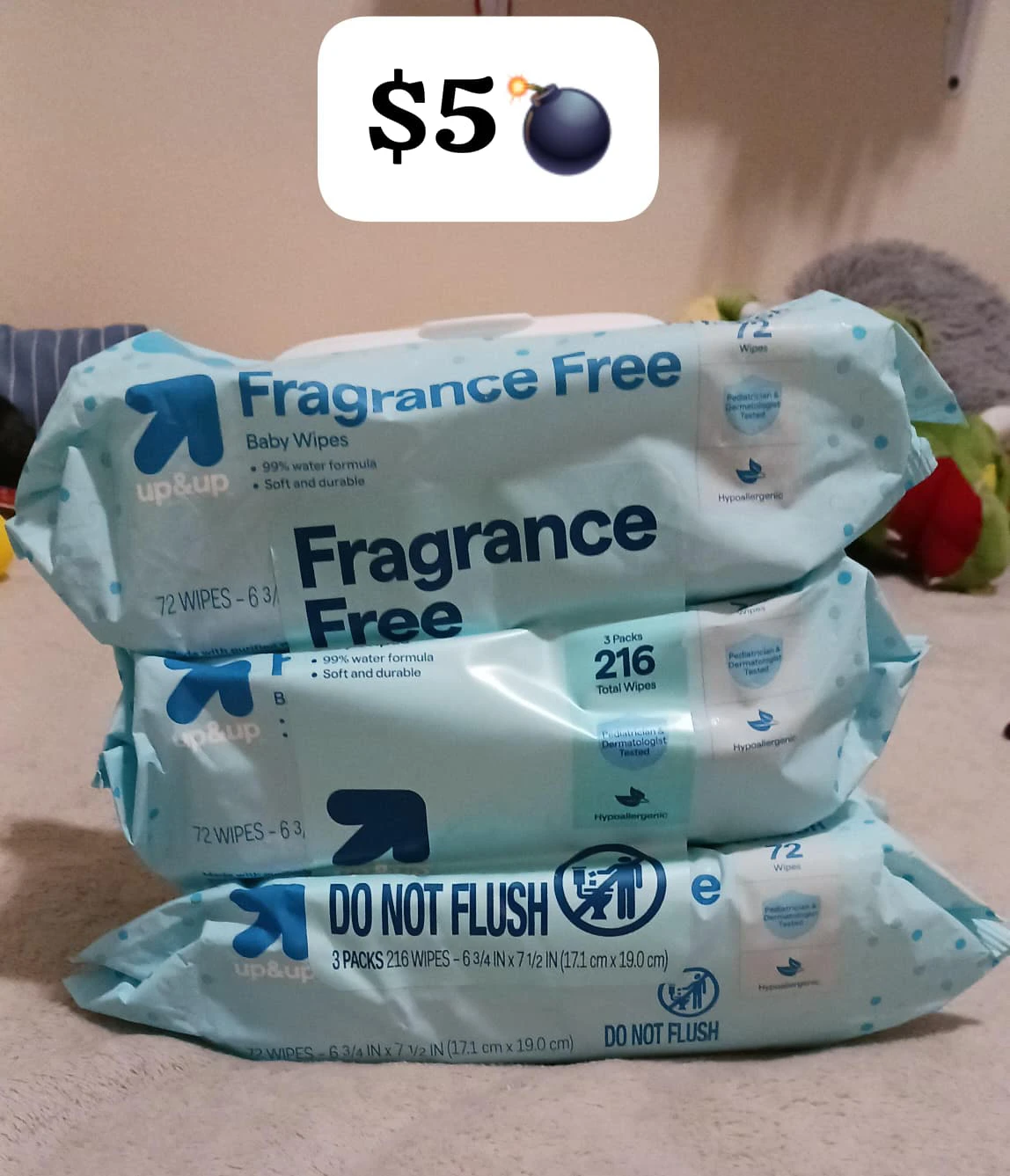 Up&Up Fragrance Free Baby Wipes, 3 packs (216 wipes)