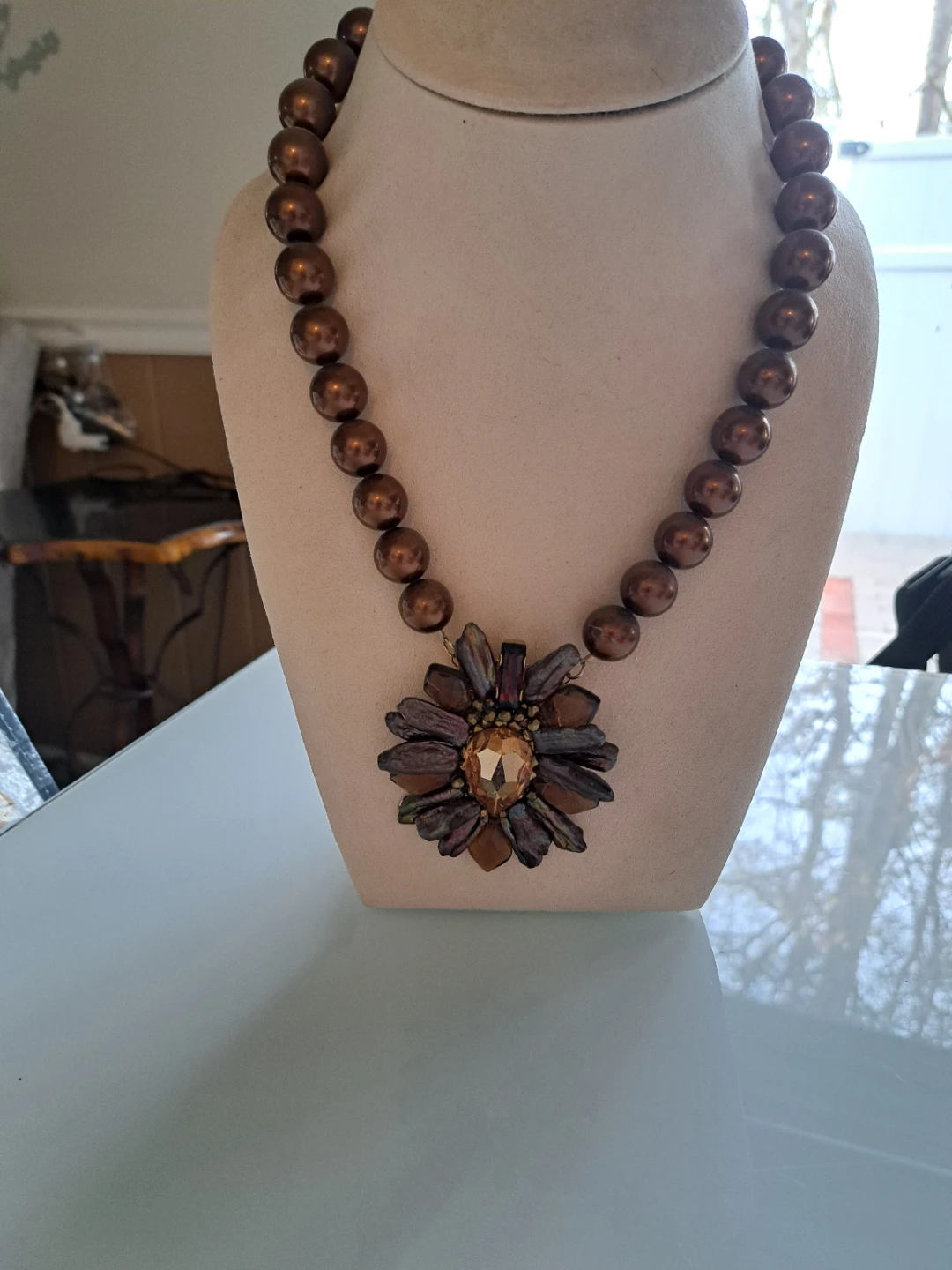 Brown Beaded Necklace with Flower Pendant