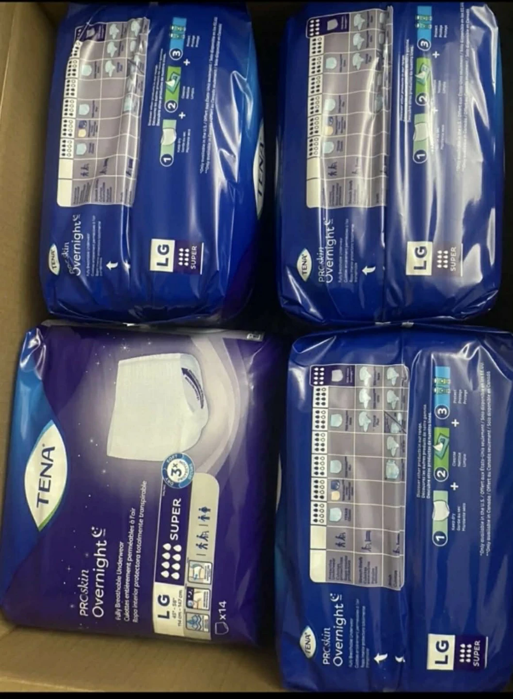 4 Bags 1 box TENA ProSkin Overnight Underwear - Large (20 total)