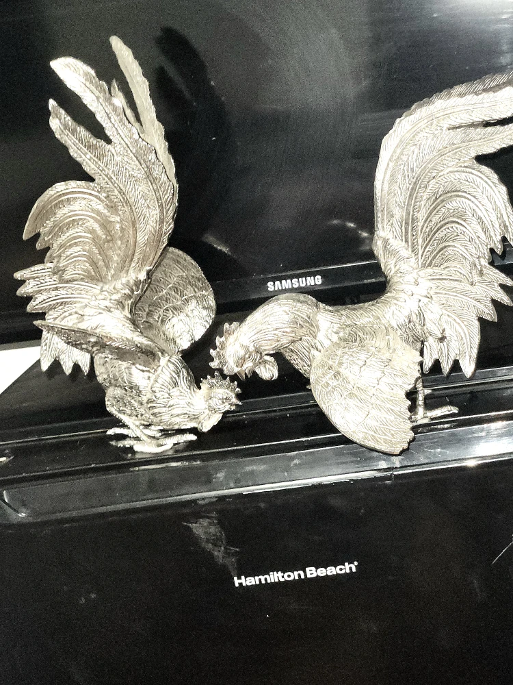 Decorative Silver Rooster Figurines