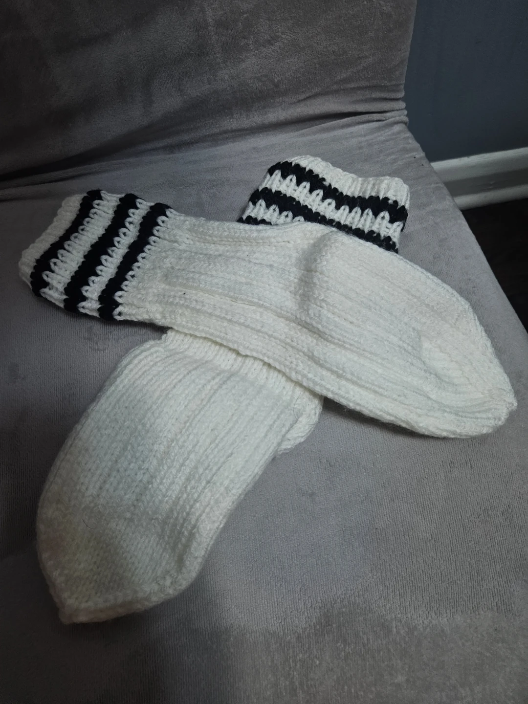 Hand-Knitted White Socks with Black Stripes