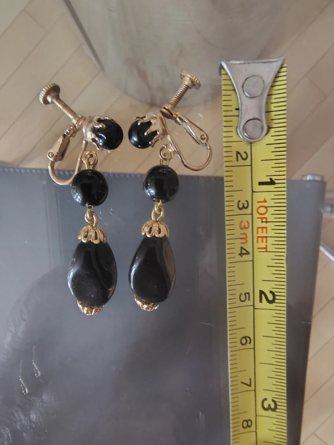 Vintage Bohemian (Czech) Jet Black Glass Teardrop Earrings -NOS - photo 4