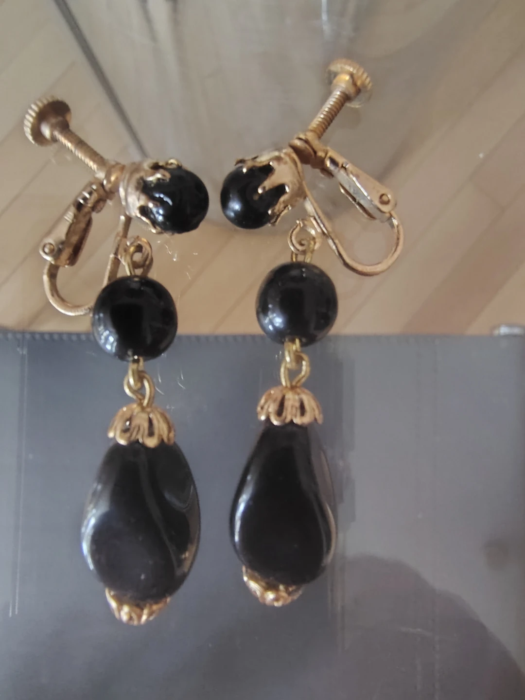 Vintage Bohemian (Czech) Jet Black Glass Teardrop Earrings -NOS - photo 3