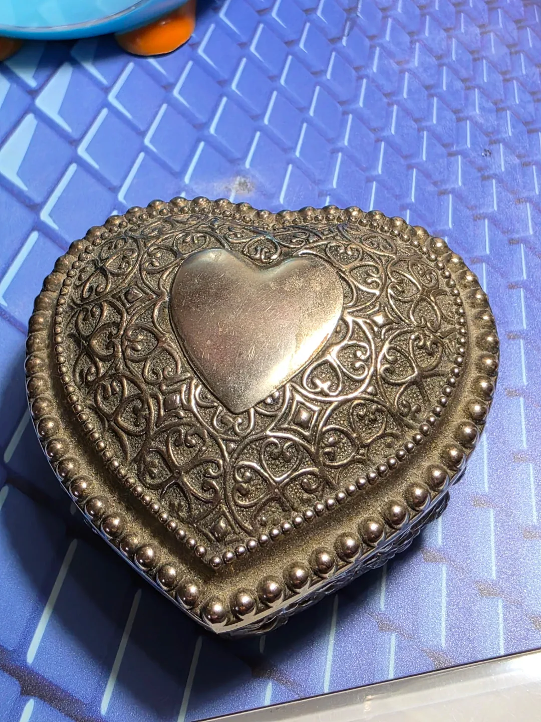 Vintage Heart-Shaped Silver Metal Trinket Box
