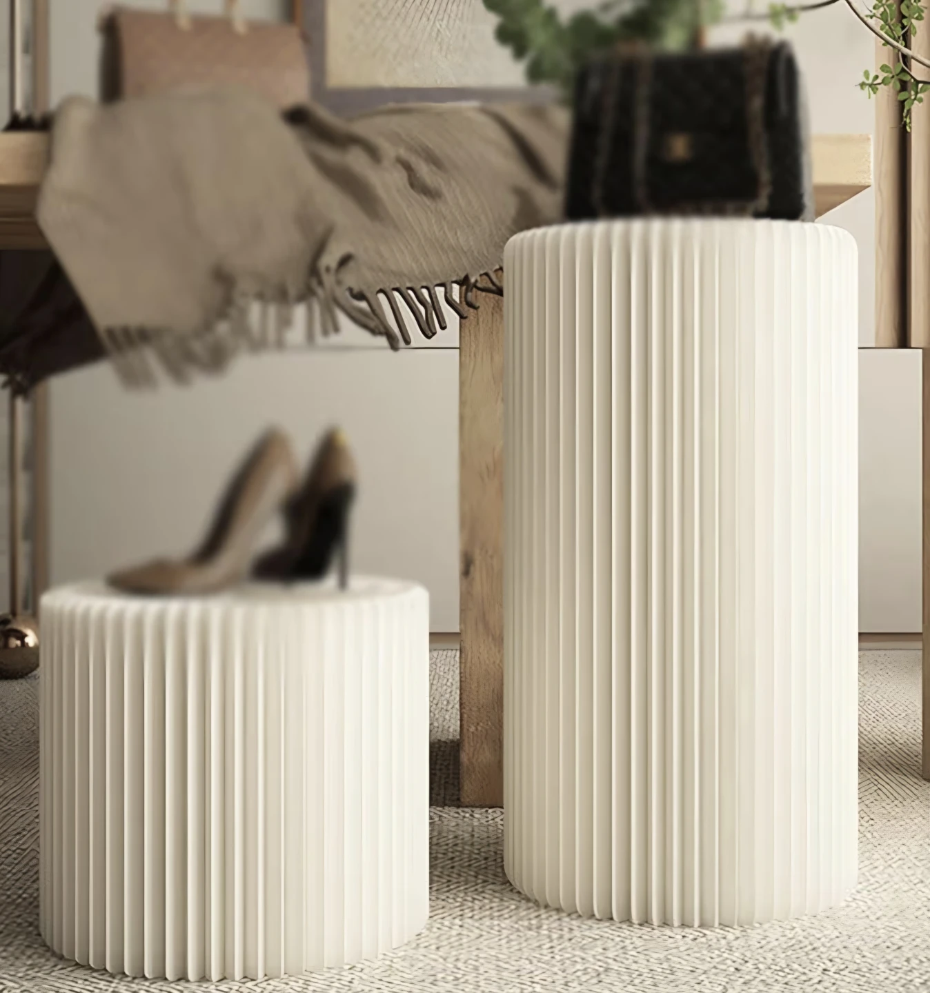 Set of 2 White cardboard Cylinder Stands, Foldable