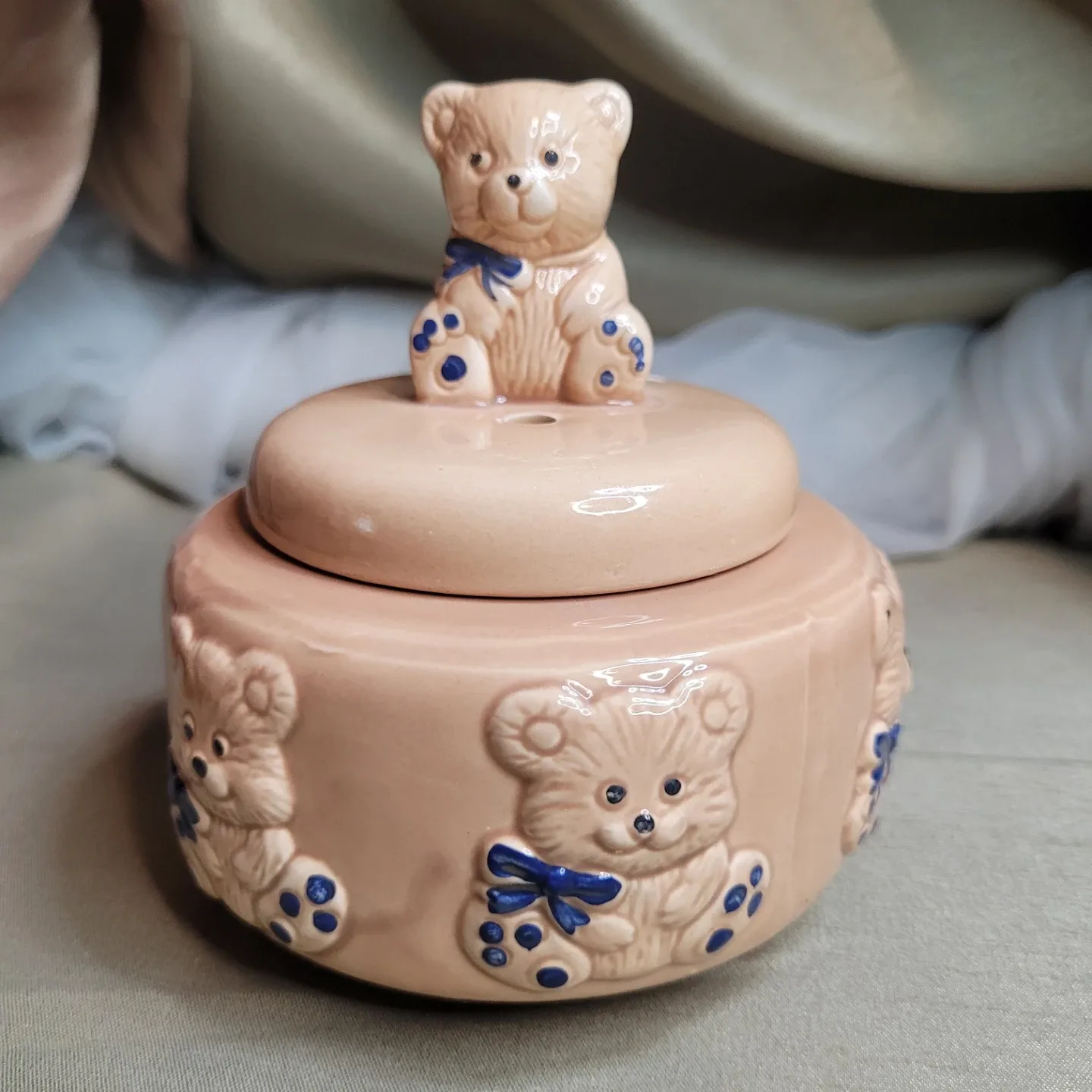 Vintage Ceramic Hand Painted Bear Trinket Box- Jewelry -Incense-