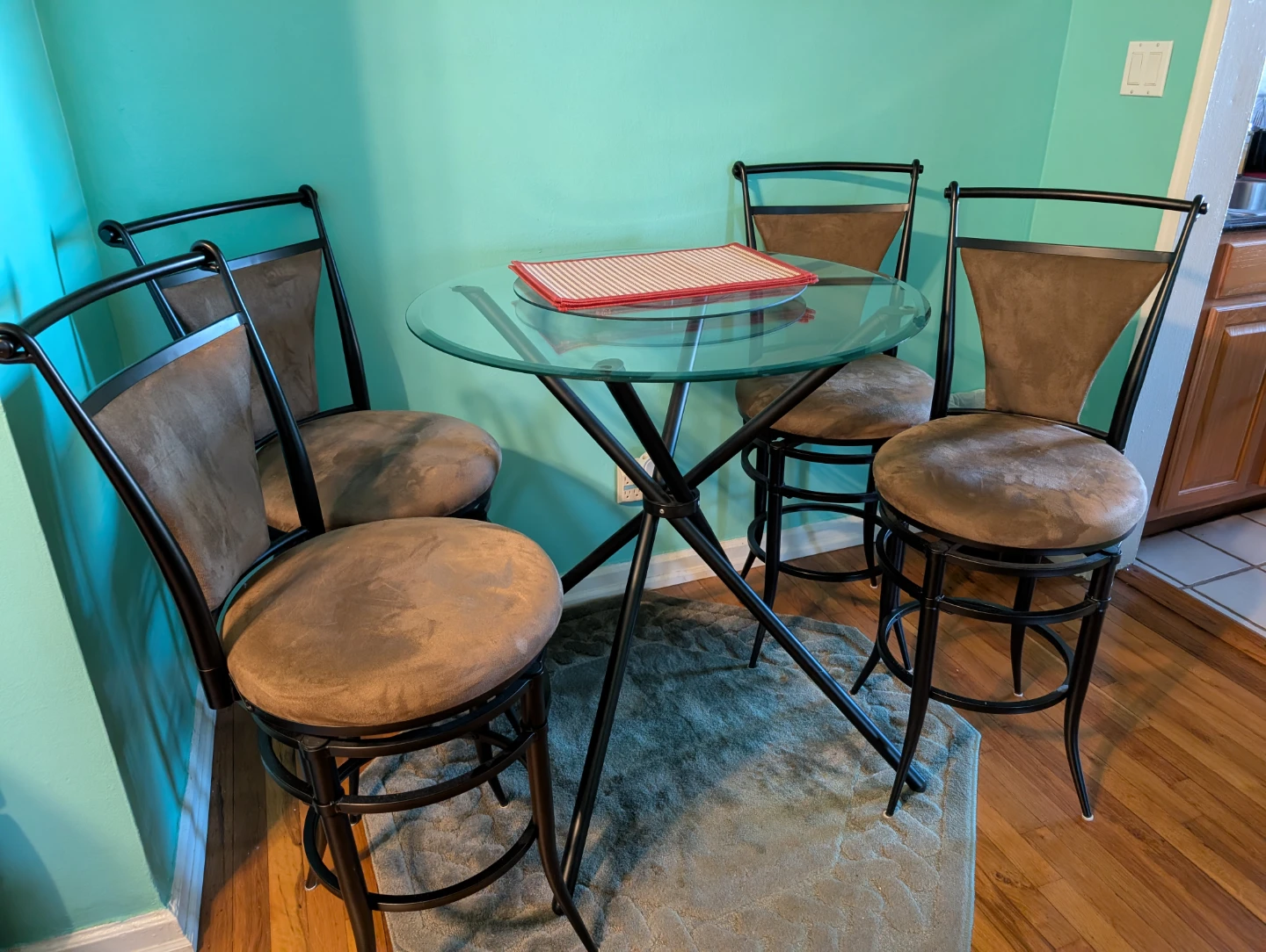 Round Glass Top Dining Table with 4 Stool Chairs - photo 2