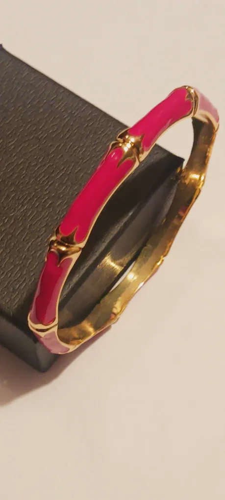 FORNASH Designer Signed Pink Enamel Gold Bangle Bracelet