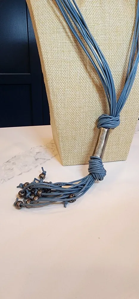 Vintage Blue Leather Tassel Necklace image indicator(3)
